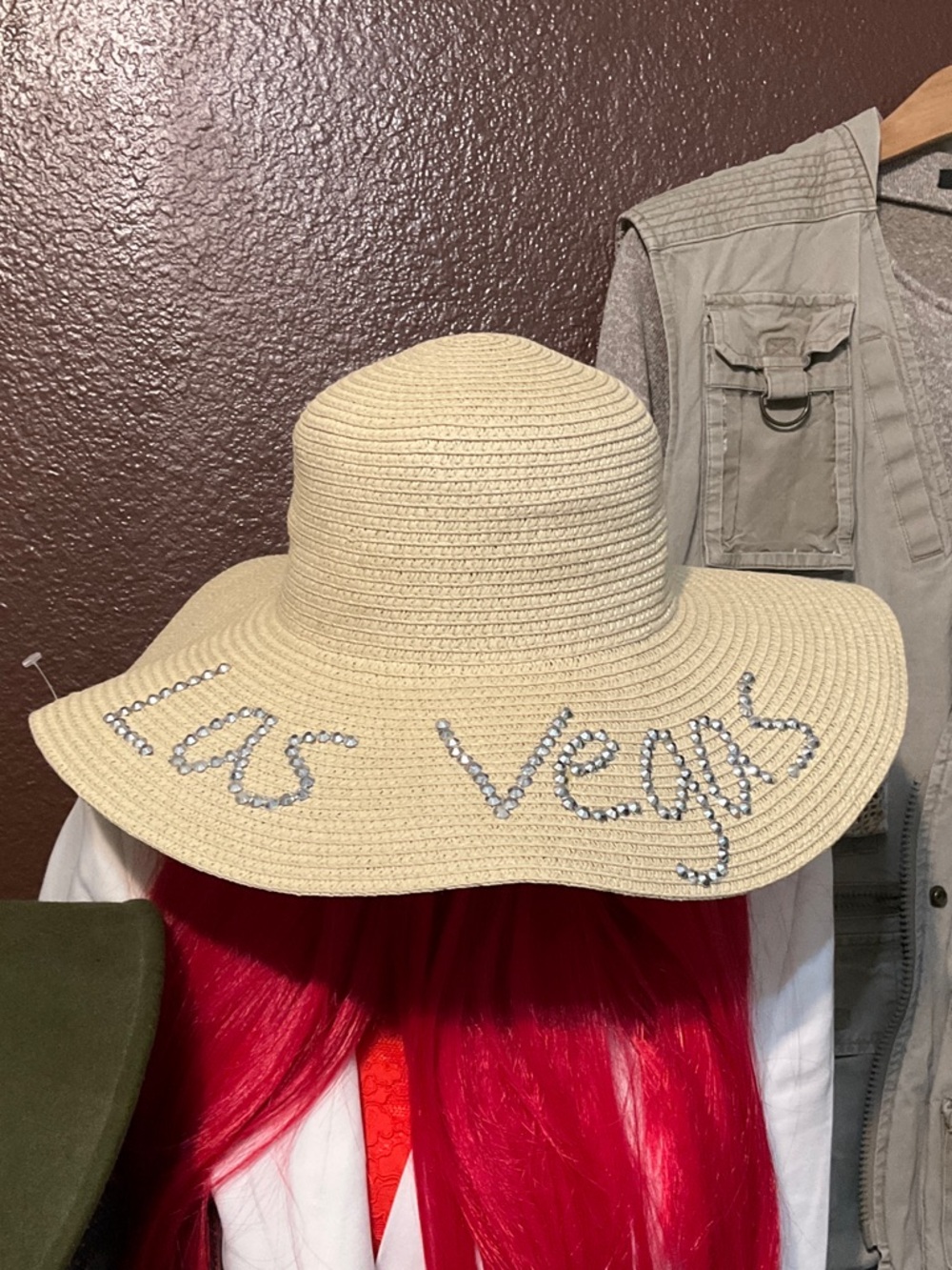 Beige Straw Sun Hat with Rhinestone 'Las Vegas' Script